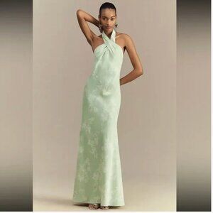 BHLDN Ruby Twist Halter Satin Gown Size 8 Floral Maxi Dress Anthropologie